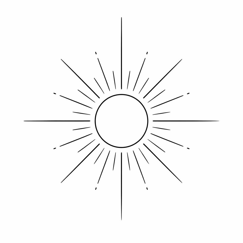 Diseño de tatuaje en papel blanco con rayos de sol fineline minimalistas, líneas negras nítidas y estilo flash