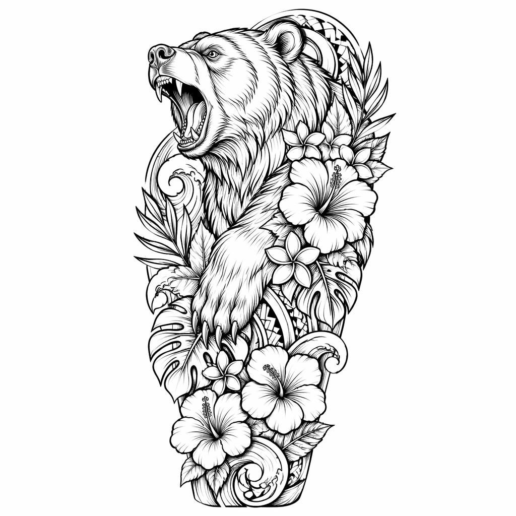 Diseño de tatuaje en papel blanco con oso floral neotradicional en linework, estilo flash limpio y alto contraste.