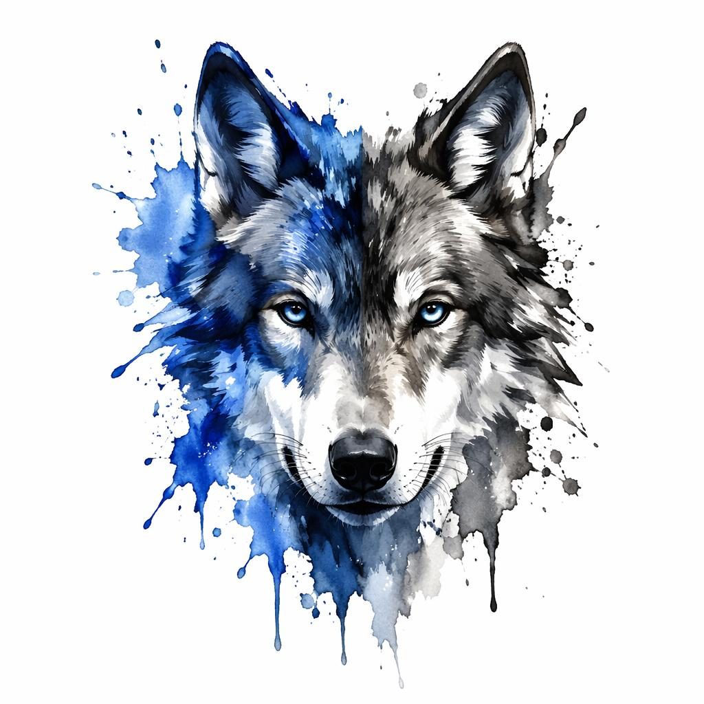 Watercolor wolf face tattoo design on white paper with splash effects, sharp lines, and clean flash-sheet style.