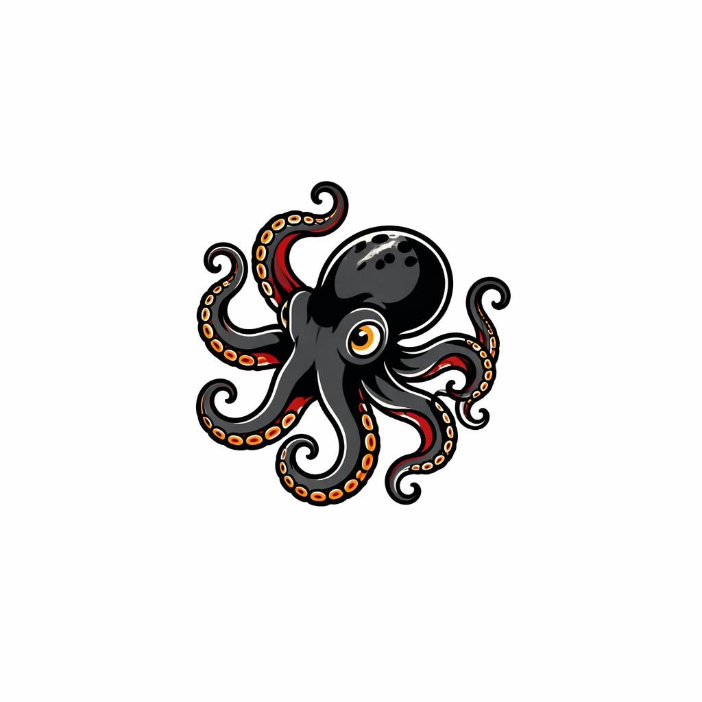 Tiny neo traditional octopus tattoo design on white paper, American traditional flash style with bold black lines.