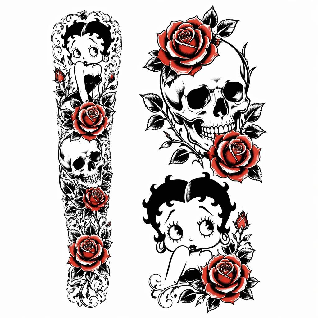 Dessin de tatouage sur fond blanc : crâne et rose style flash, lignes nettes, contraste fort, sans texte.