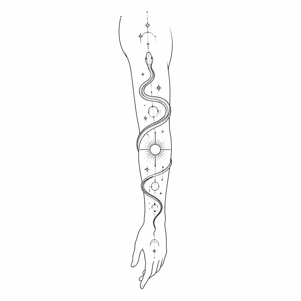Fineline minimalist tattoo flash of a snake winding along an arm guide on white paper, sharp high-contrast lines.