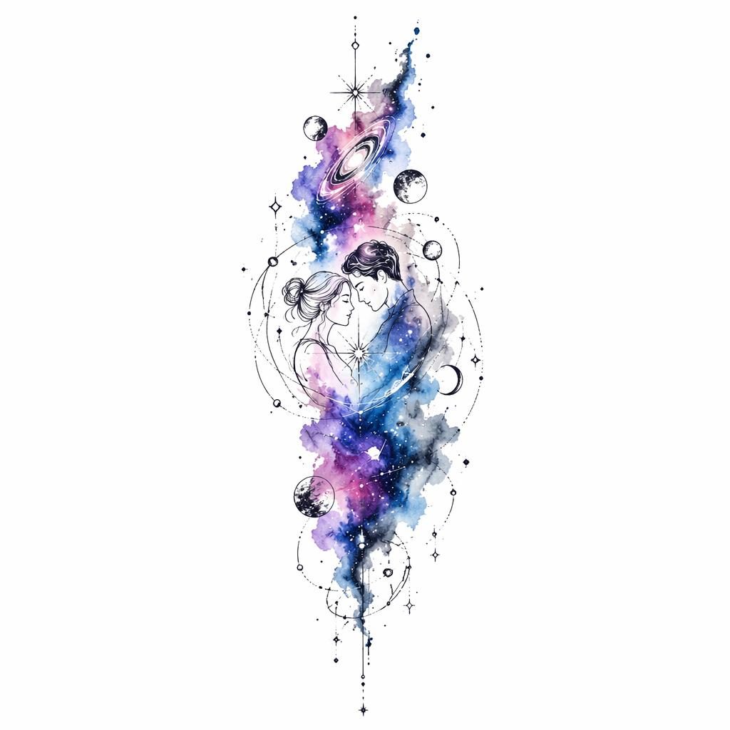 Fineline minimalist tattoo flash of an abstract watercolor galaxy on white paper, high contrast with sharp clean lines.