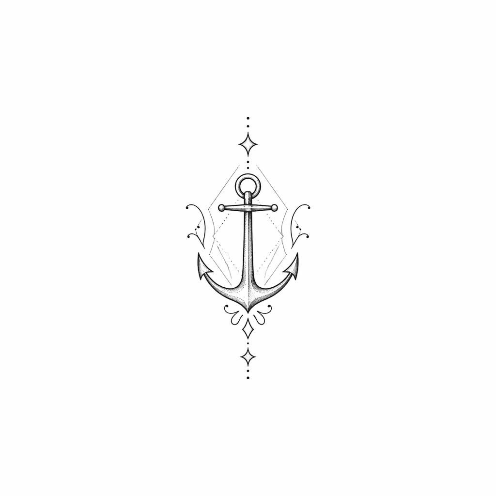 Minimalist fineline anchor tattoo design on white paper, geometric dotwork style, tiny flash-sheet illustration.