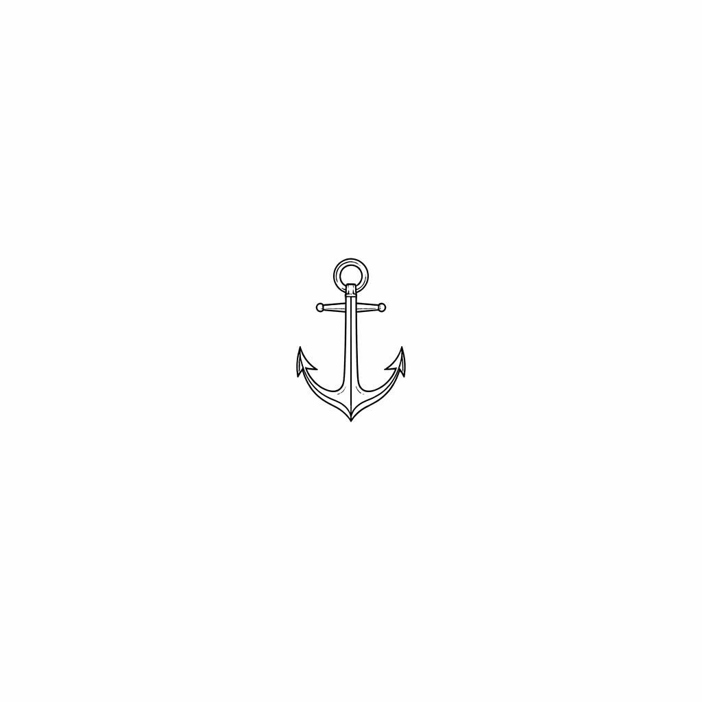 Minimalist fineline anchor tattoo flash concept on plain white paper with sharp black lines and clean neo-traditional styling.