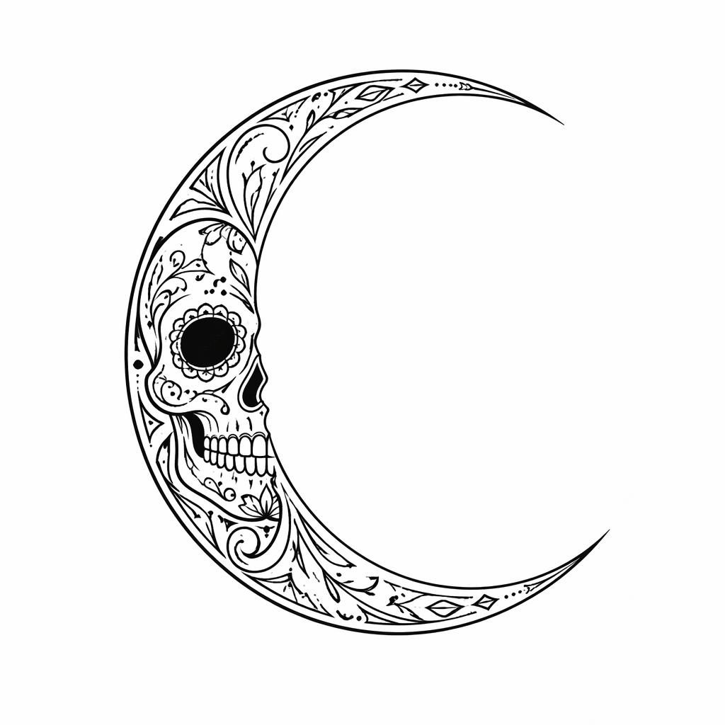 Diseño de tatuaje de luna creciente minimalista fineline estilo tribal en papel blanco, líneas nítidas y alto contraste.