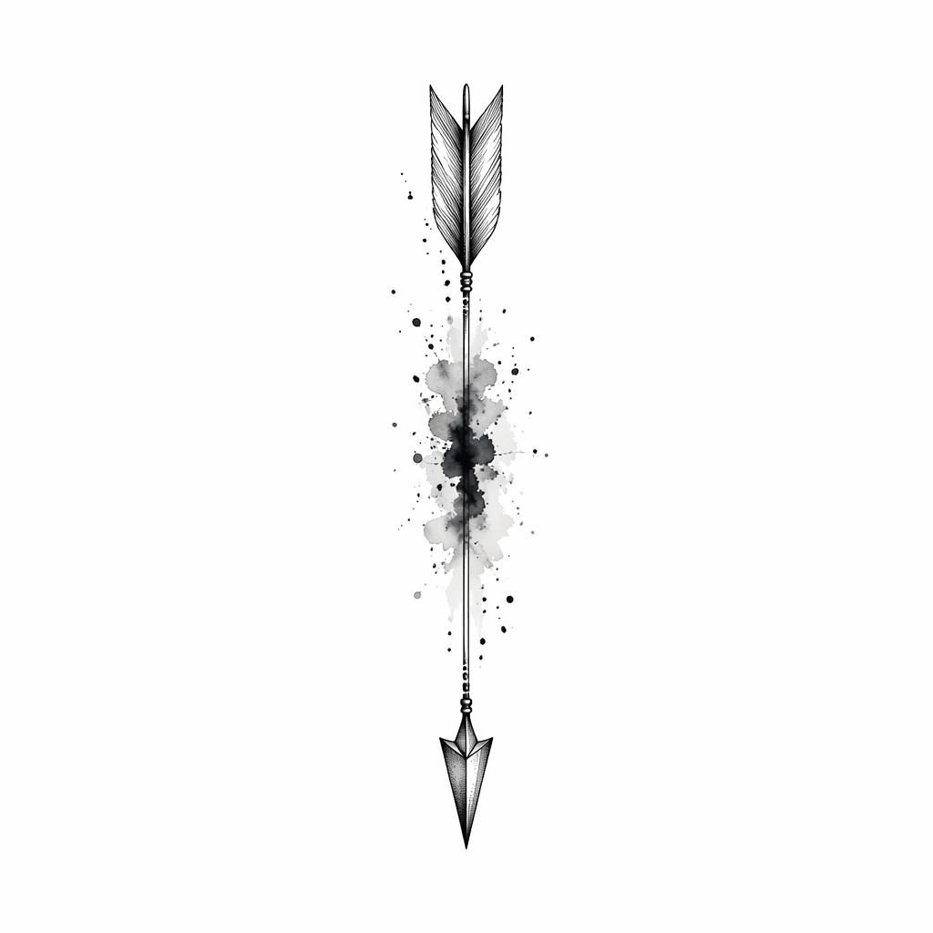 Minimalistischer Fineline-Pfeil auf weißem Papier mit Aquarellspritzern, scharfen Linien und hohem Kontrast.