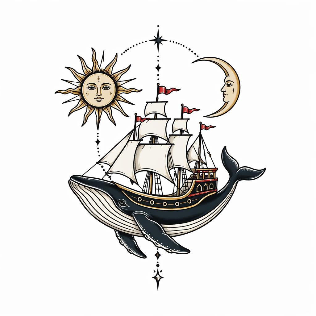 Concept de tatouage flash sur fond blanc, illustration nette et contrastée d’un whale ship néo-traditionnel.