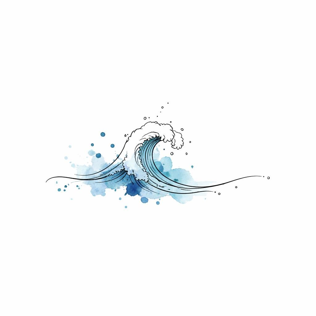 Minimalist fineline wave tattoo design on white paper with watercolor splash accents, clean sharp lines on plain white background.