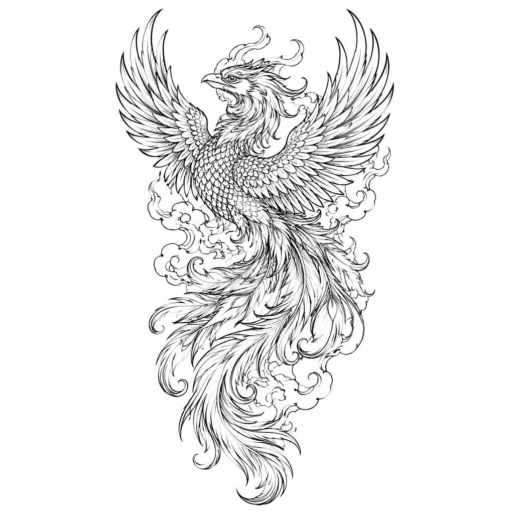 Japanese phoenix back tattoo flash design on white paper, bold script-style linework, clean high-contrast illustration