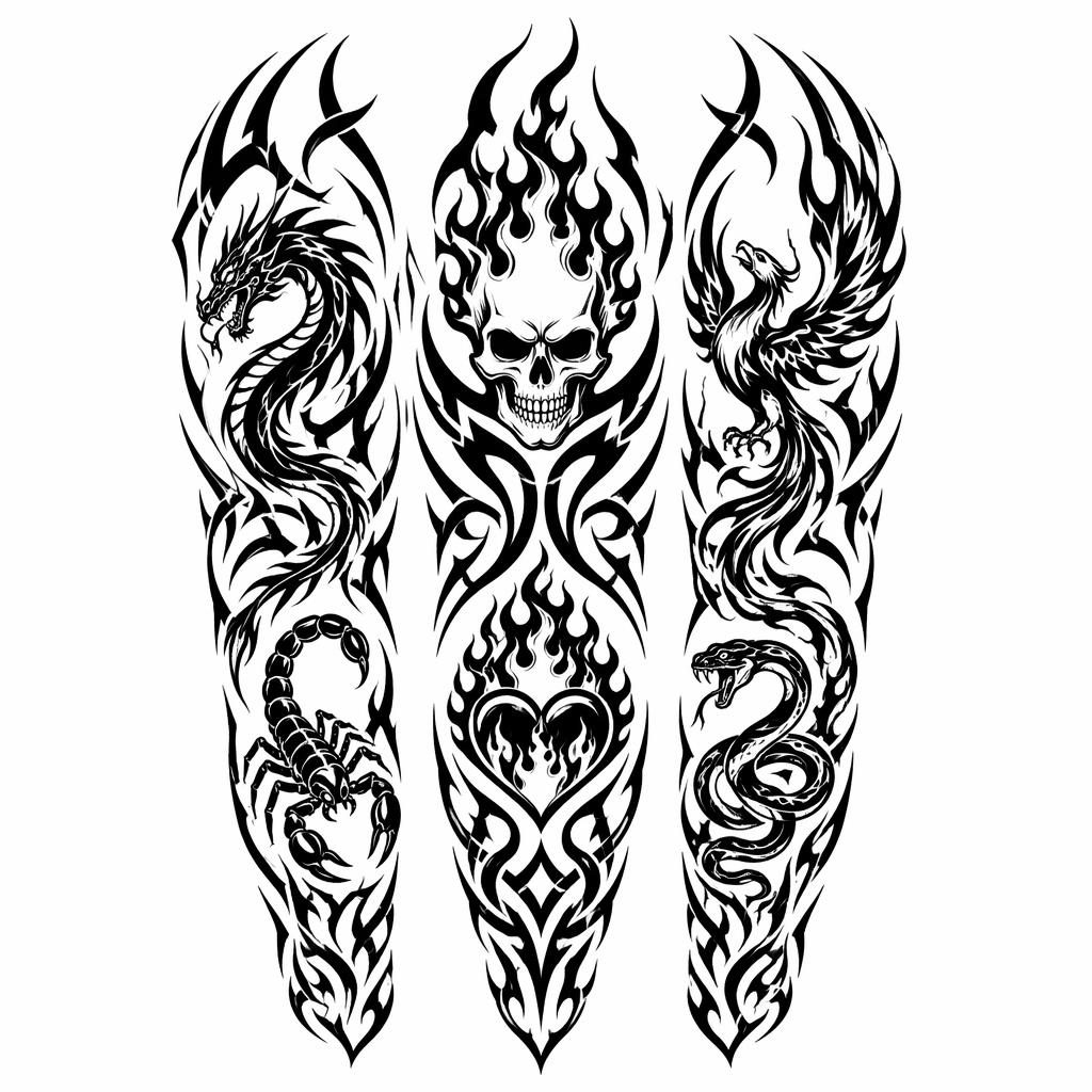 Tribal blackwork forearm tattoo flash on white paper, neo-traditional full sleeve panel with sharp black lines