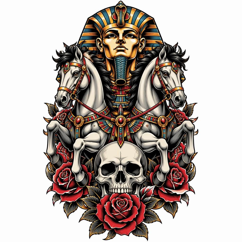 Neo-traditional skull and rose tattoo flash design on white paper with sharp black outlines and high-contrast detail.