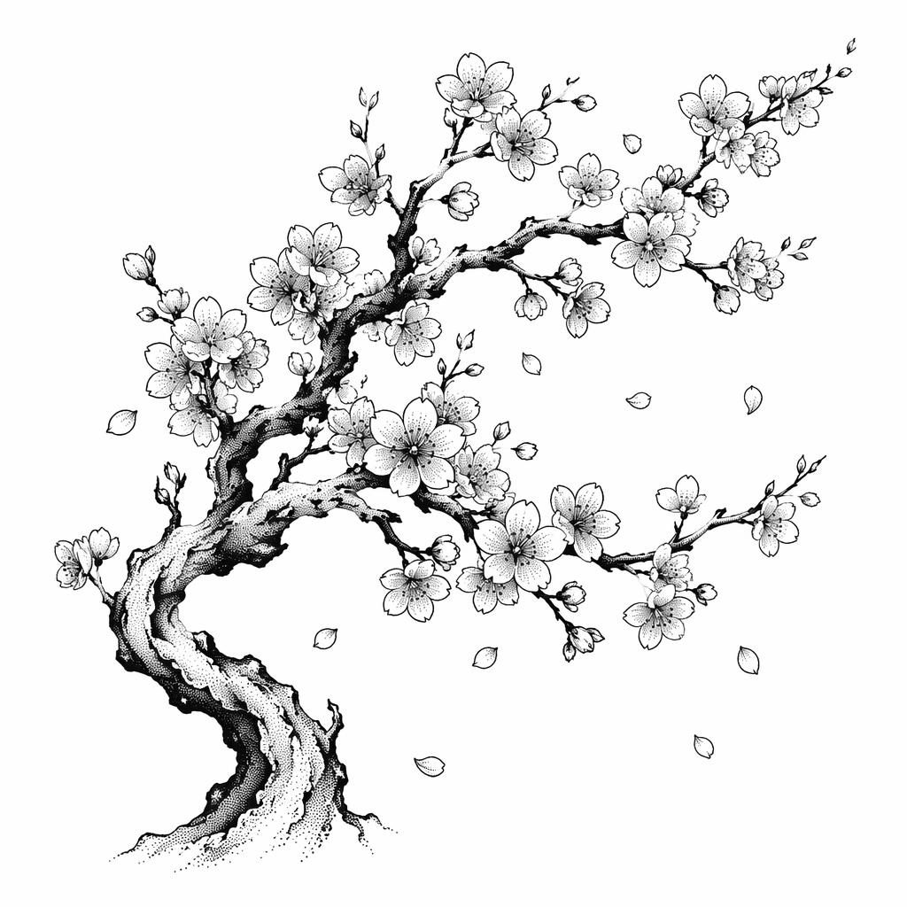 Blackwork dotwork tree tattoo design on white paper, flash-sheet style with sharp lines and plain white background.