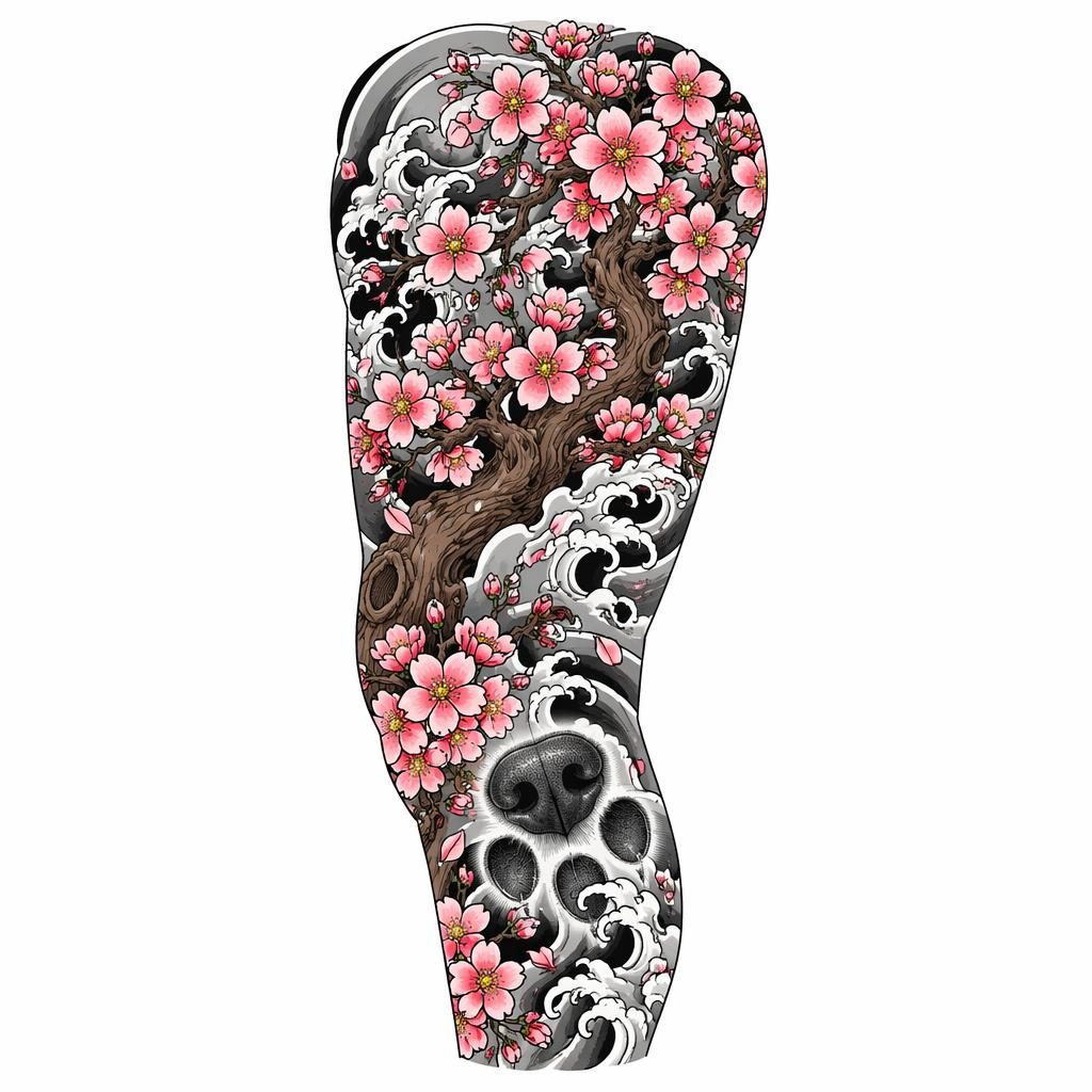 Black ink tattoo flash concept on white paper featuring Japanese cherry blossoms in bold irezumi linework.