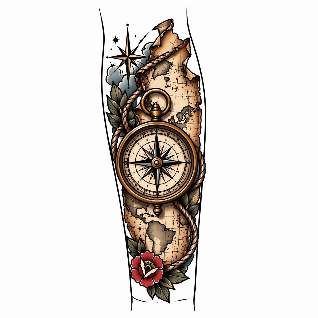 Neo-Traditional Tattoo-Design auf weißem Papier mit Kompass und Karte, kontrastreiche Linien als Flash-Sheet.