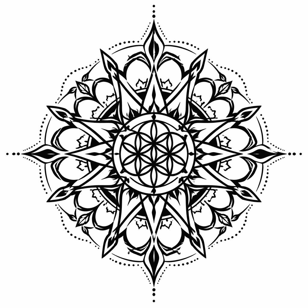 Blackwork mandala back tattoo flash design on white paper, neo-traditional style with sharp lines and high contrast.