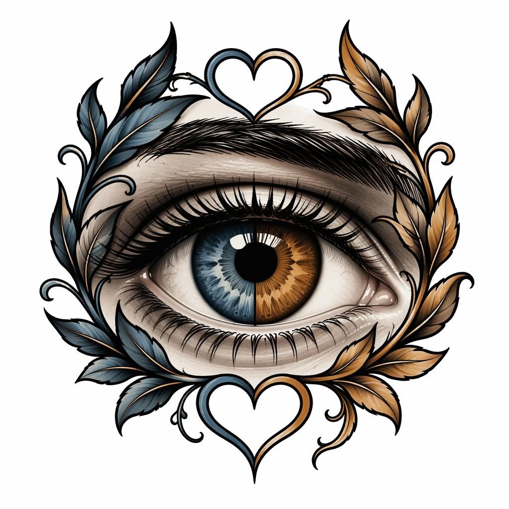 Diseño de tatuaje en papel blanco con ojo realista en macro, estilo neo-tradicional, líneas nítidas y alto contraste.