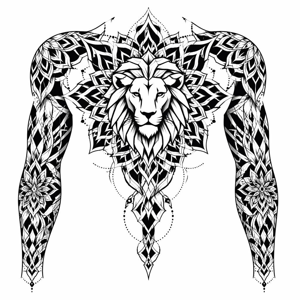 Blackwork-Tattooentwurf auf weißem Papier: mandala chest piece mit klaren, scharfen Linien und geometrischer Anmutung.