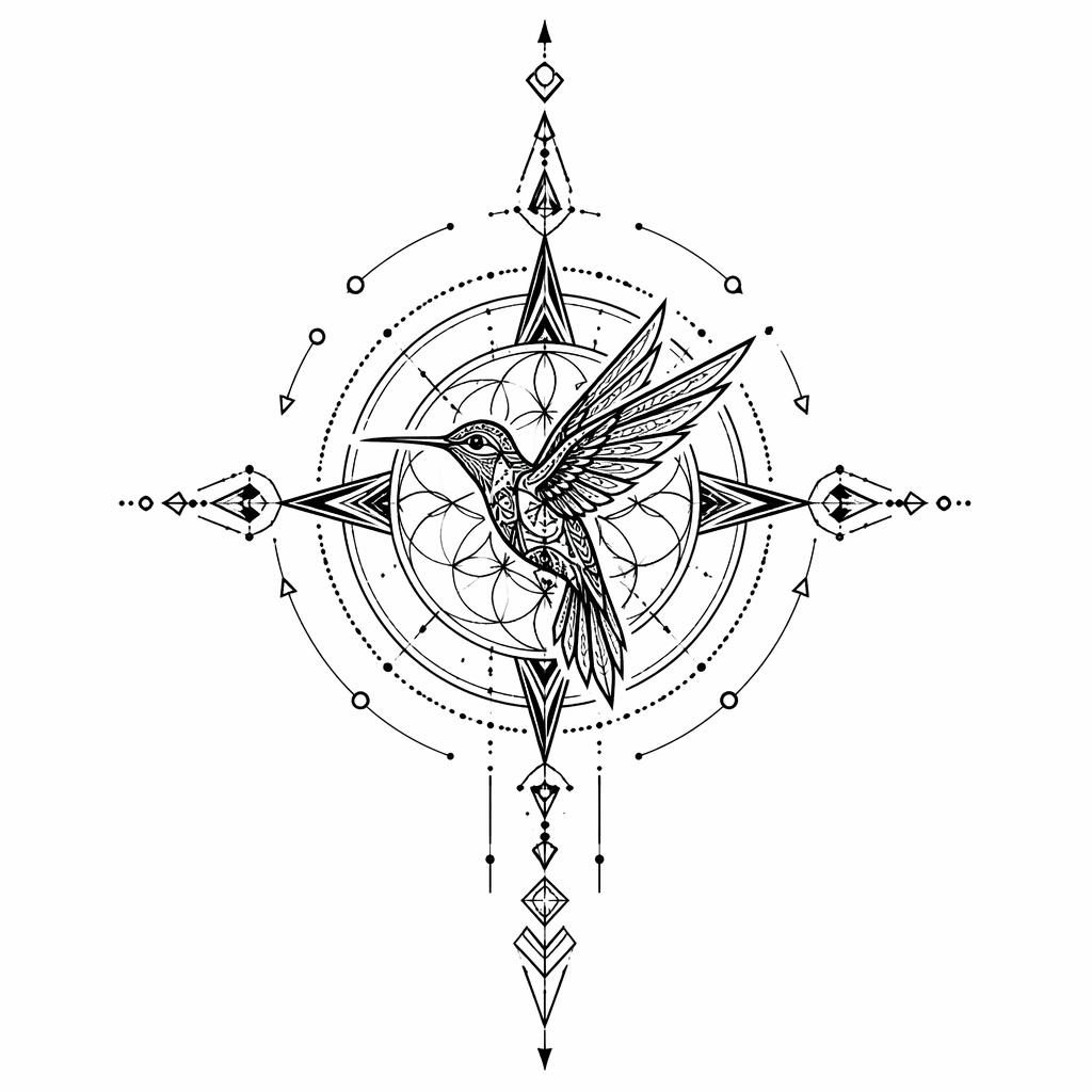 Diseño de tatuaje tribal de brújula de geometría sagrada en papel blanco, líneas nítidas y alto contraste.