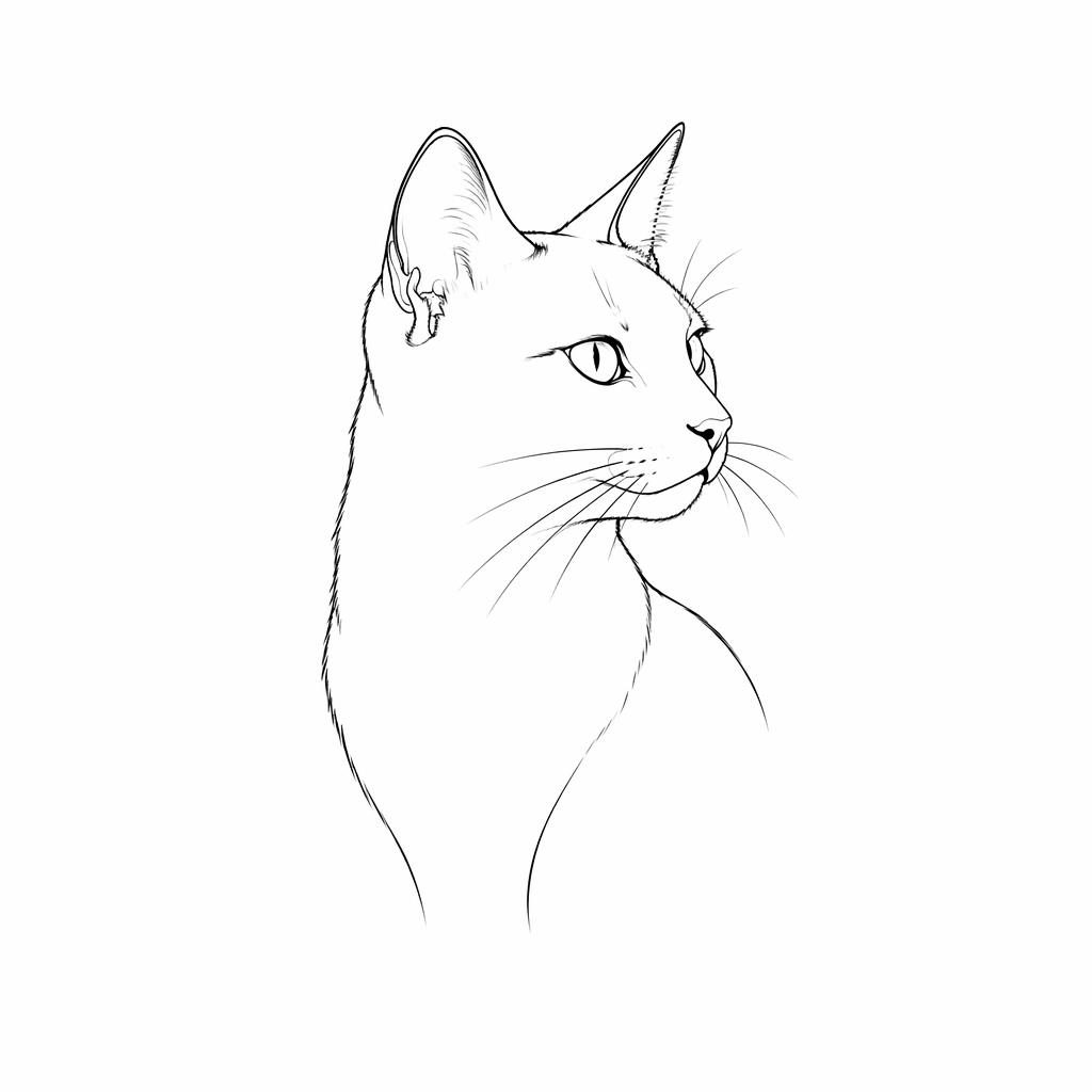 Minimalist black cat flash tattoo design on white paper, fineline outline portrait with sharp high-contrast lines.