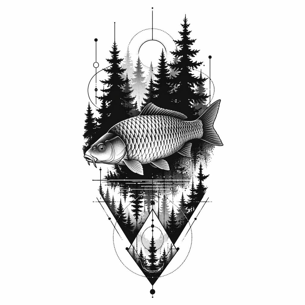 Tattoo-Entwurf auf weißem Papier mit schwarzer Waldsilhouette im Blackwork-, Geometrie- und Dotwork-Stil.