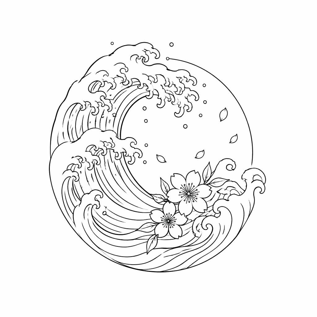 Minimalistische Fineline-Welle auf weißem Papier, japanisch inspiriertes Irezumi-Tattoo-Design als Flash-Sheet.