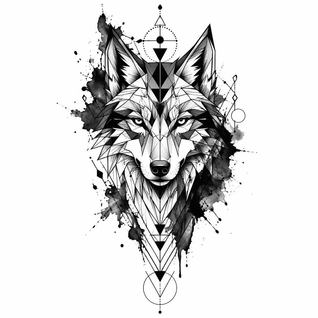 Geometrischer Wolf in Blackwork auf weißem Papier mit Aquarell-Splash, klare Linien, Tattoo-Flash auf weißem Hintergrund.