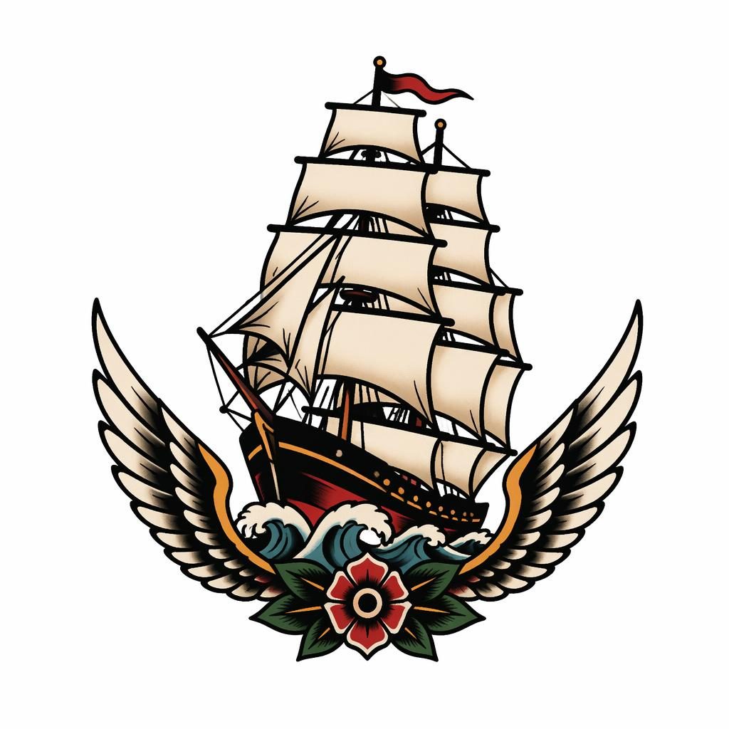 Traditional American full-rigged ship tattoo design on white paper, small flash-style illustration with bold lines.