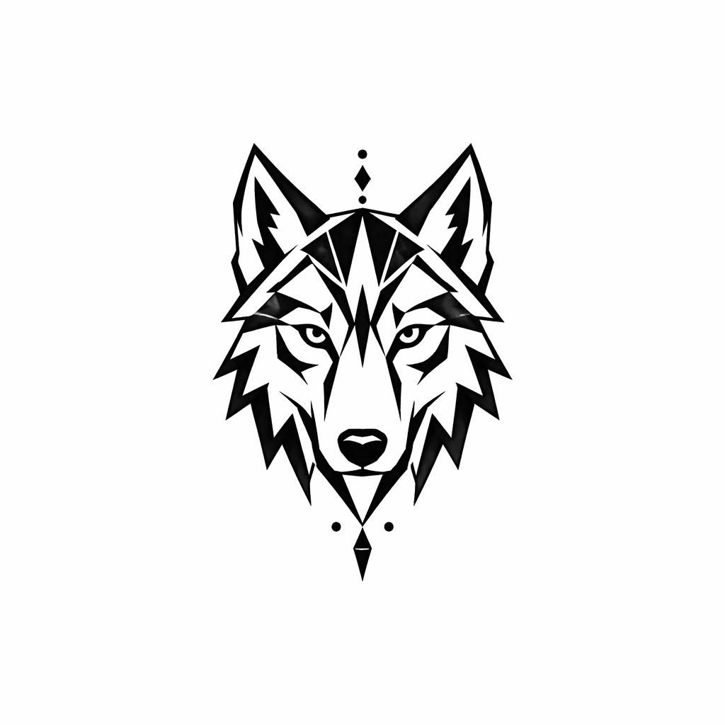 Blackwork geometric wolf tattoo design on white paper, tiny flash-sheet style with bold sharp lines and high contrast.