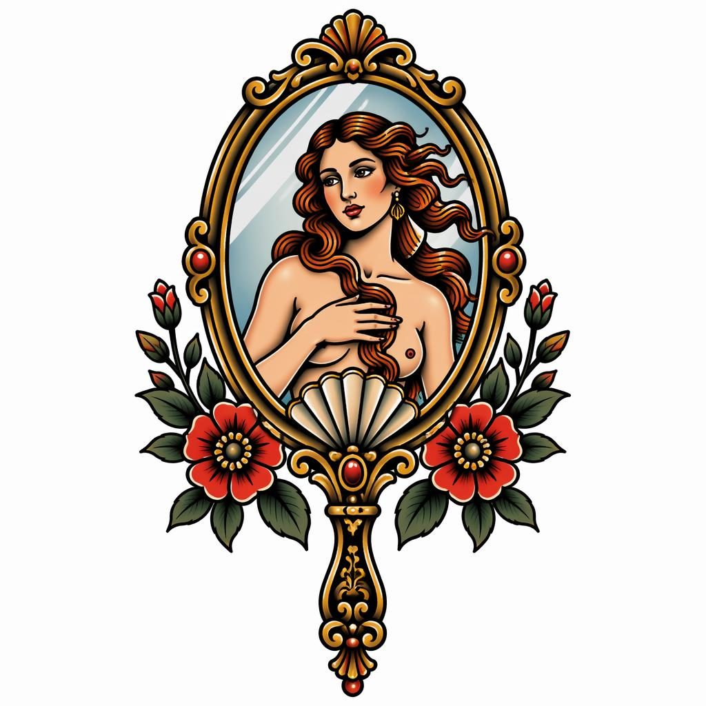 Ilustración de diseno de tatuaje de espejo Venus neo tradicional en papel blanco, líneas firmes y alto contraste.