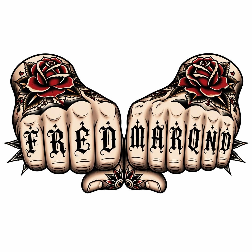 Neo-traditional tattoo flash concept on white paper with gothic knuckle lettering, sharp black lines and high contrast.
