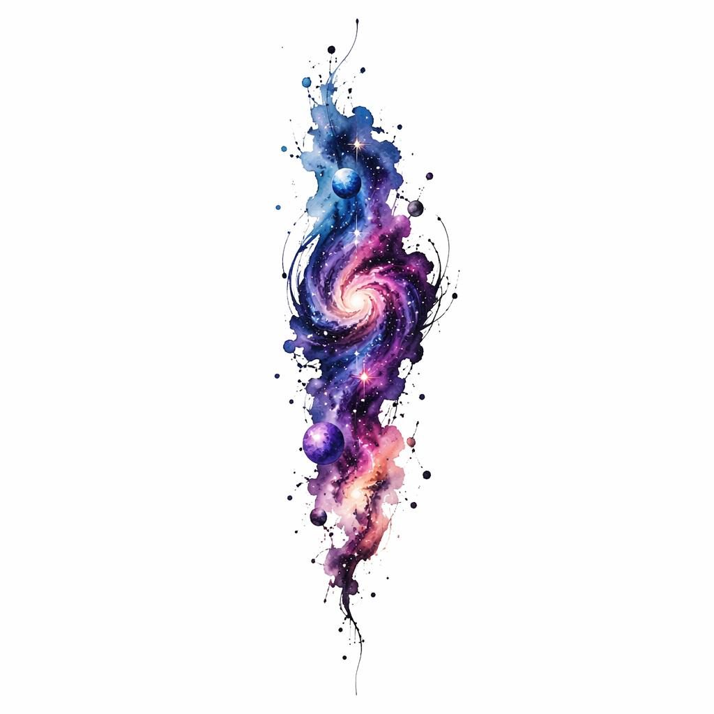 Tattoo-Design auf weißem Papier: kleine abstrakte Aquarell-Galaxie mit scharfen Konturen im Flash-Sheet-Stil.