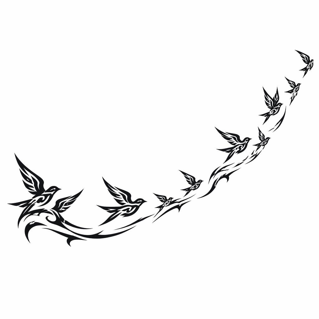 Tribal tattoo flash design on white paper showing a sharp black bird flock trail, clean lines, plain white background.