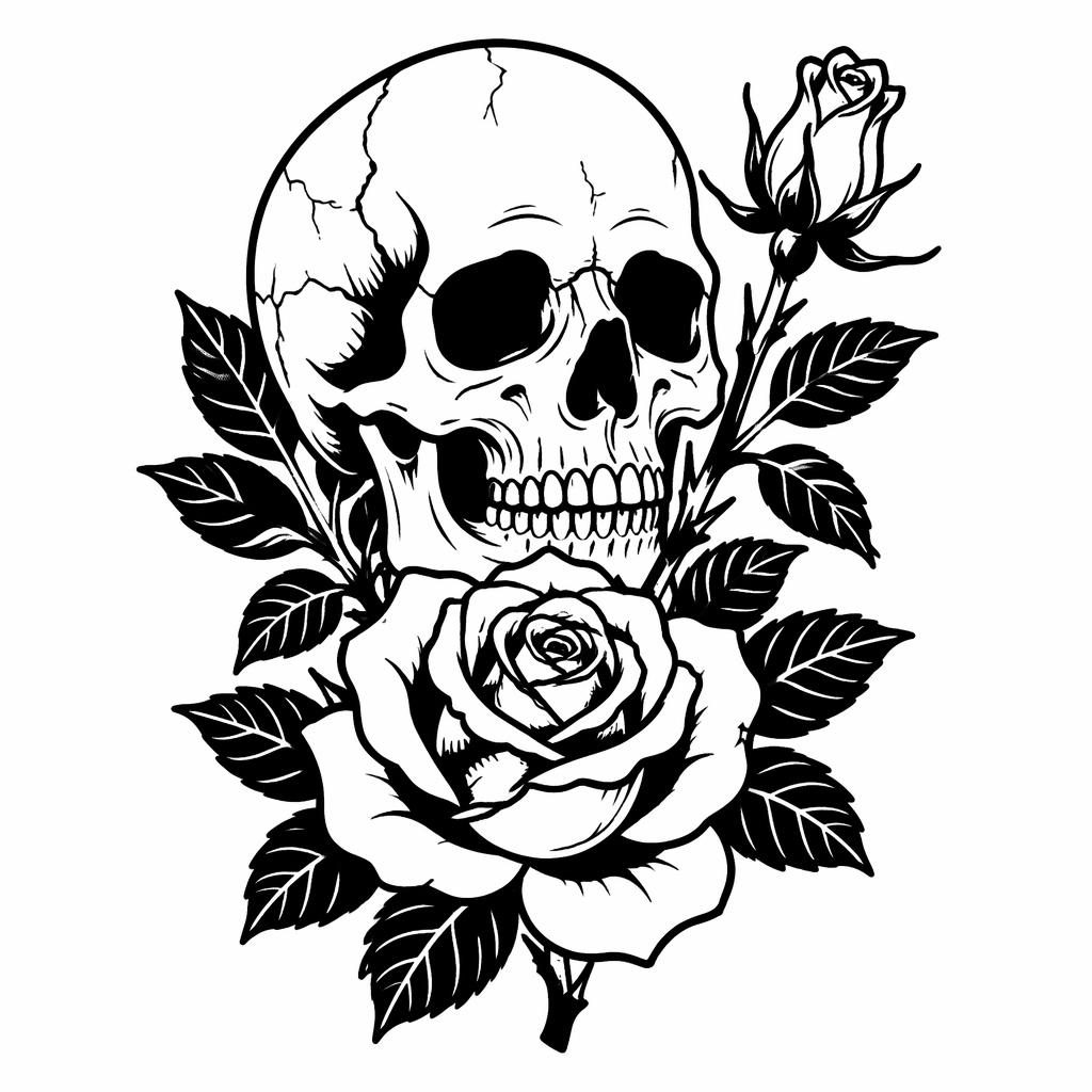 Blackwork tattoo flash concept of a traditional skull and rose on white paper with bold lines and high contrast.