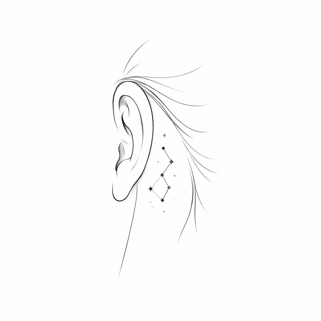 Diseño de tatuaje en papel blanco con una constelación pequeña detrás de la oreja, en linework limpio y alto contraste.