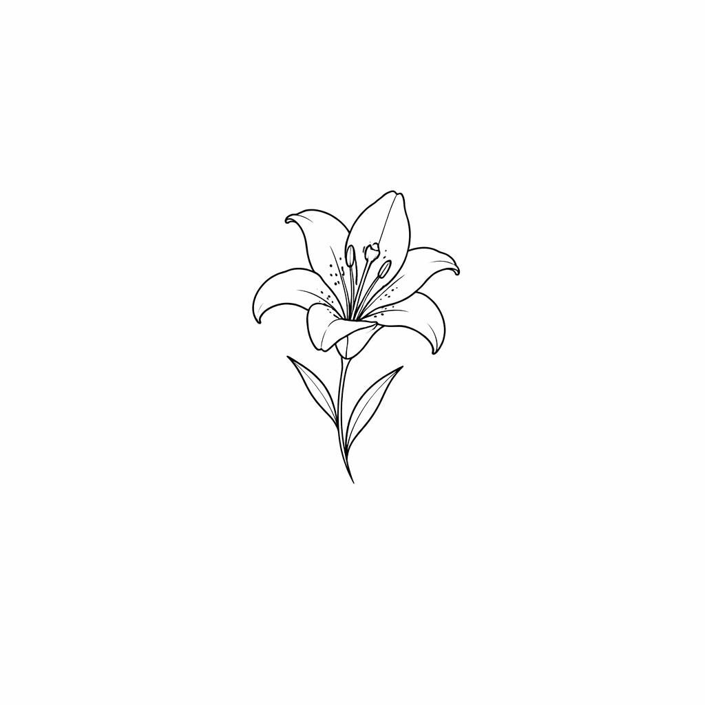 Minimalist fineline lily tattoo design on white paper in traditional American flash style, tiny calf placement concept.