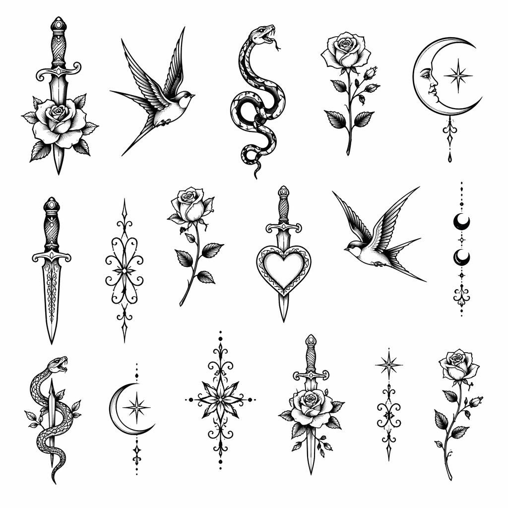 Weiße Papierseite mit mehreren schwarzen Tattoo Vorlagen: Rosen, Dolche, Schwalben, Schlangen, Monde und Ornamente.