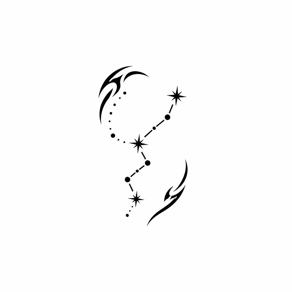 Tribal tiny constellation tattoo design on white paper, clean flash-style line art for a small behind-ear placement.