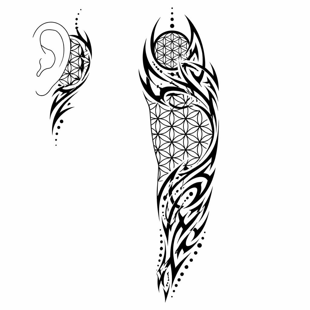 Tribal sacred geometry flower of life tattoo design on white paper, sharp black lines, flash-sheet style, no shading