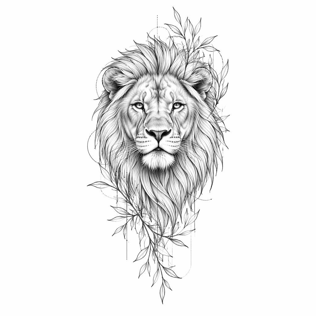 Fineline minimalist tattoo flash of a realistic lion portrait on white paper with sharp black lines and high contrast.