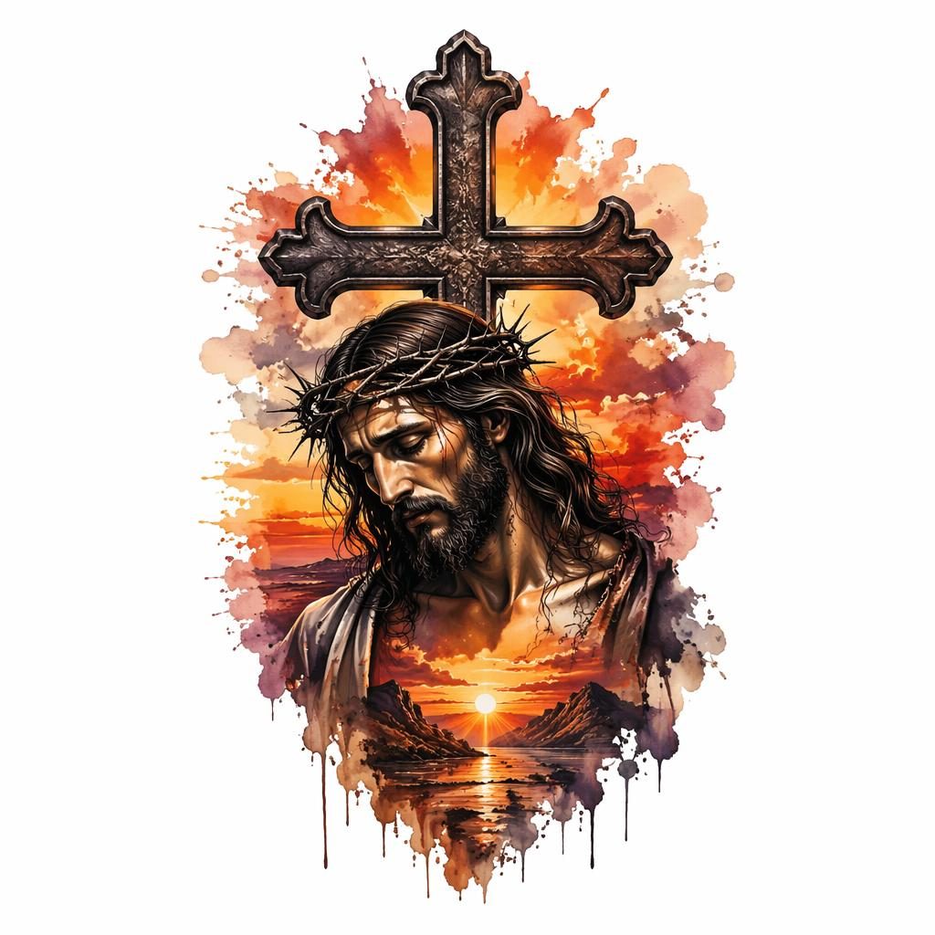 Tattoo-Design auf weißem Papier: realistisches Kreuzmotiv in Aquarell-Sonnenuntergangsfarben, klare Linien, hoher Kontrast