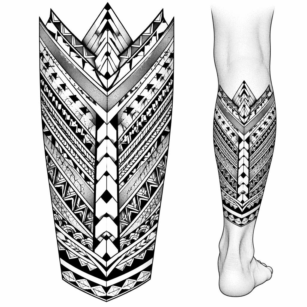 Diseño de tatuaje wrap samoano en papel blanco, estilo geométrico y dotwork, líneas nítidas y alto contraste.