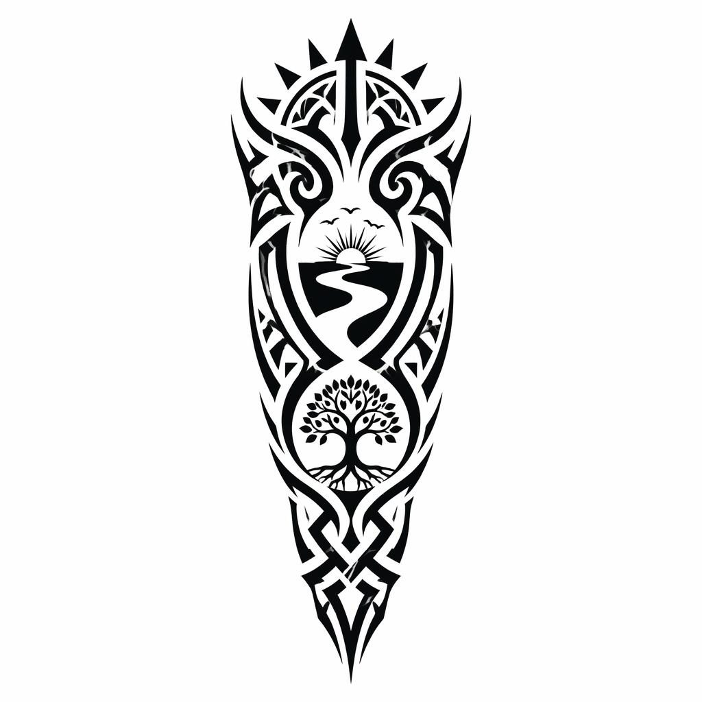 Tribal-Blackwork-Tattoo-Entwurf auf weißem Papier, kräftige schwarze Linien, sauber als Flash-Sheet-Illustration