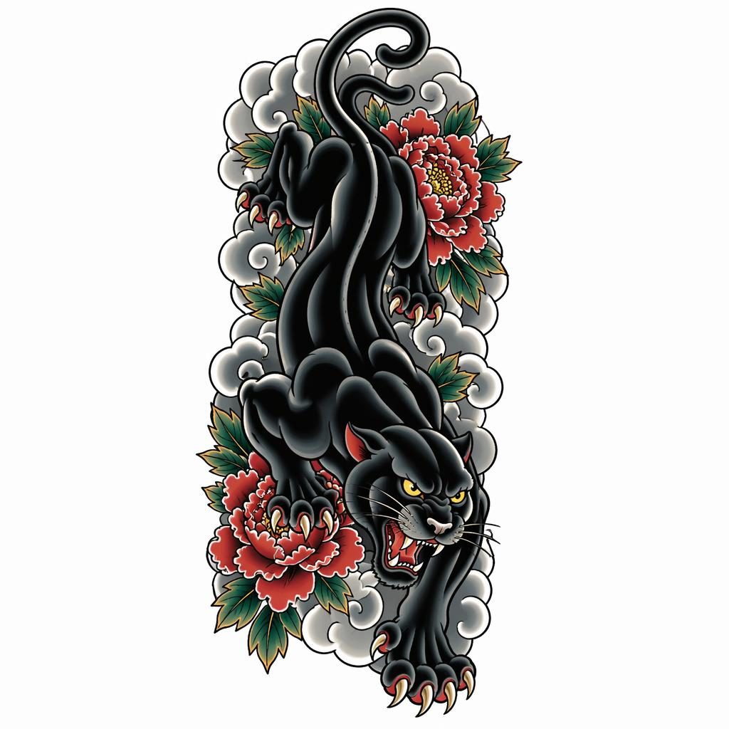 Tattoo-Design auf weißem Papier: kriechender Panther im japanischen Irezumi-Stil, klare Linien, hoher Kontrast.