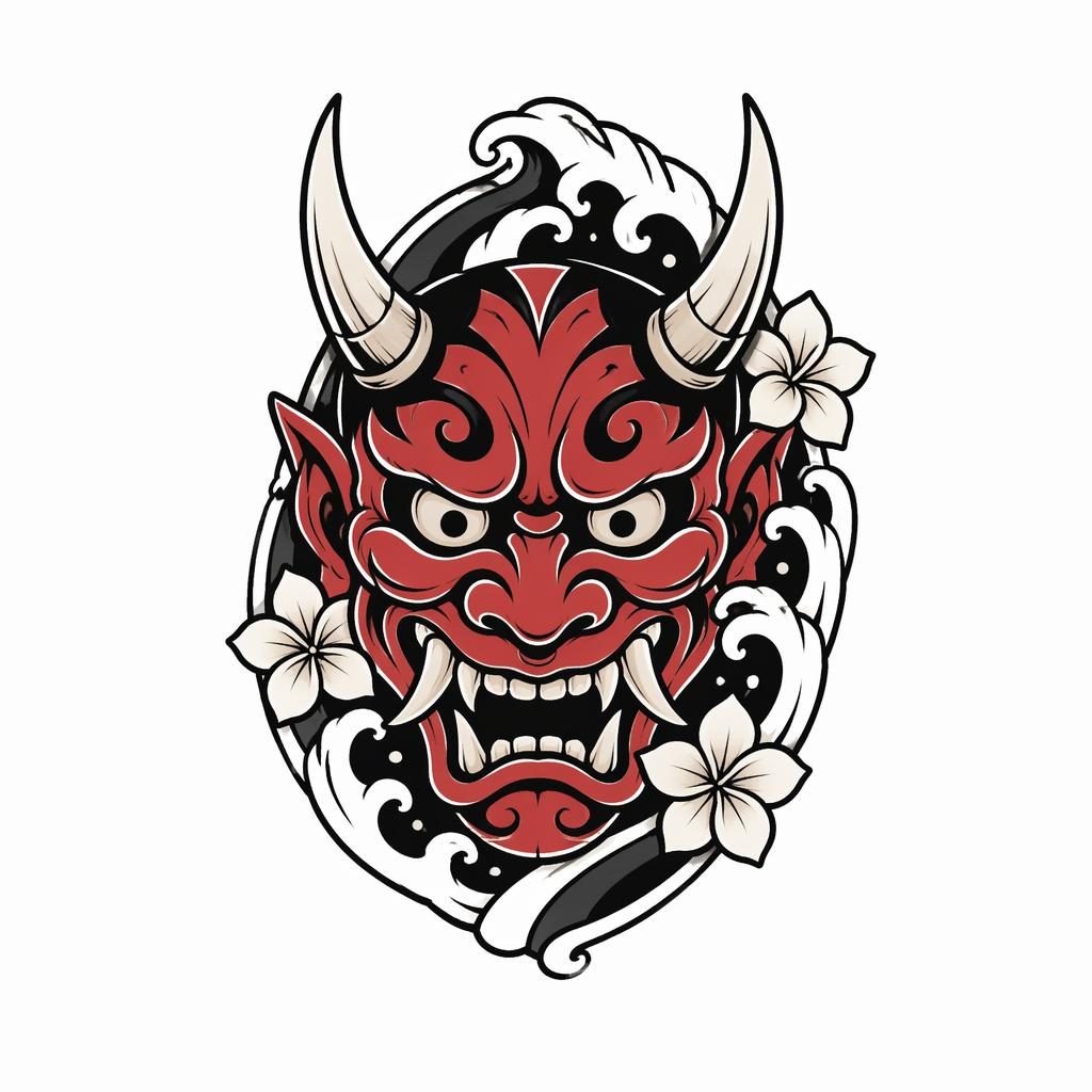 High-contrast oni mask tattoo design concept drawn on white paper in clean flash-sheet style with sharp black lines.