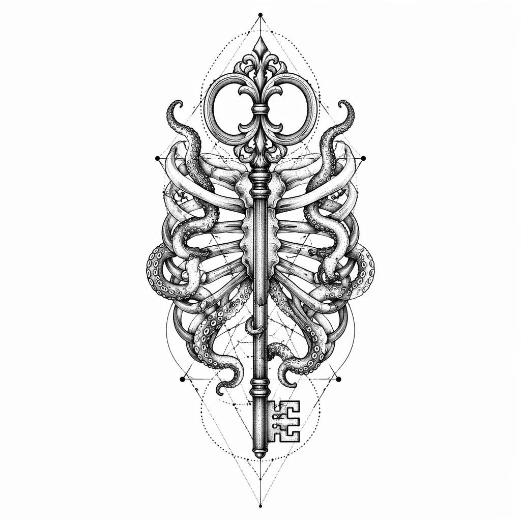 Geometric dotwork tattoo flash on white paper showing octopus tentacles and rib-like forms in sharp black lines.