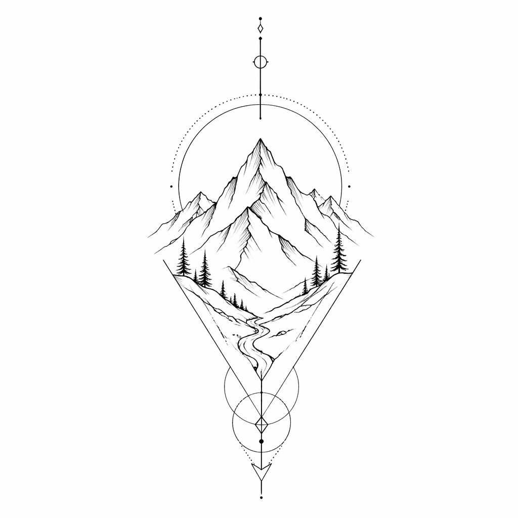 Maquette tatouage sur fond blanc d’une montagne minimaliste fineline, traits nets, contraste fort, style flash-sheet.