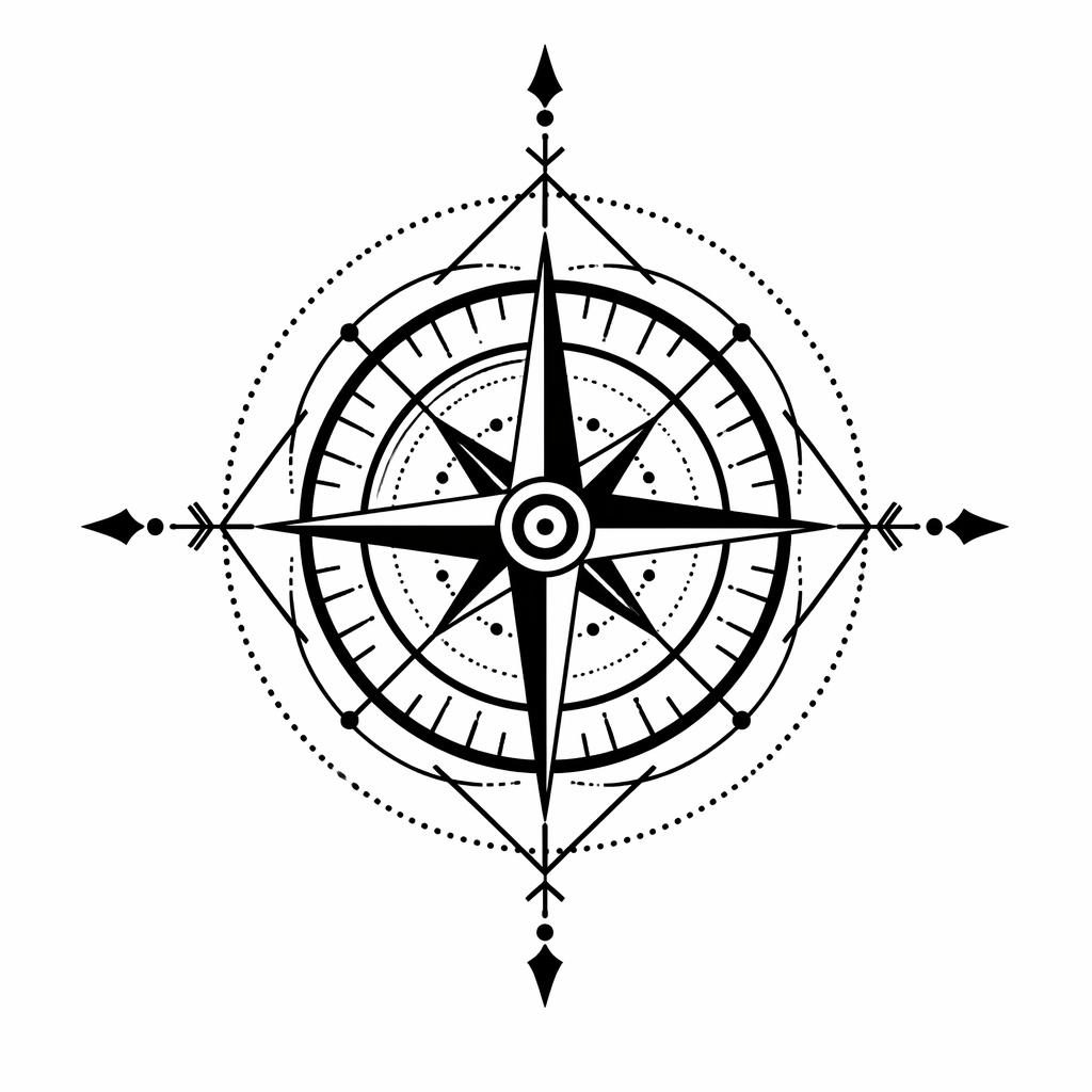 Schwarzarbeit-Tattooentwurf eines Sacred-Geometry-Kompasses auf weißem Papier, mit kräftigen Linien und hohem Kontrast.