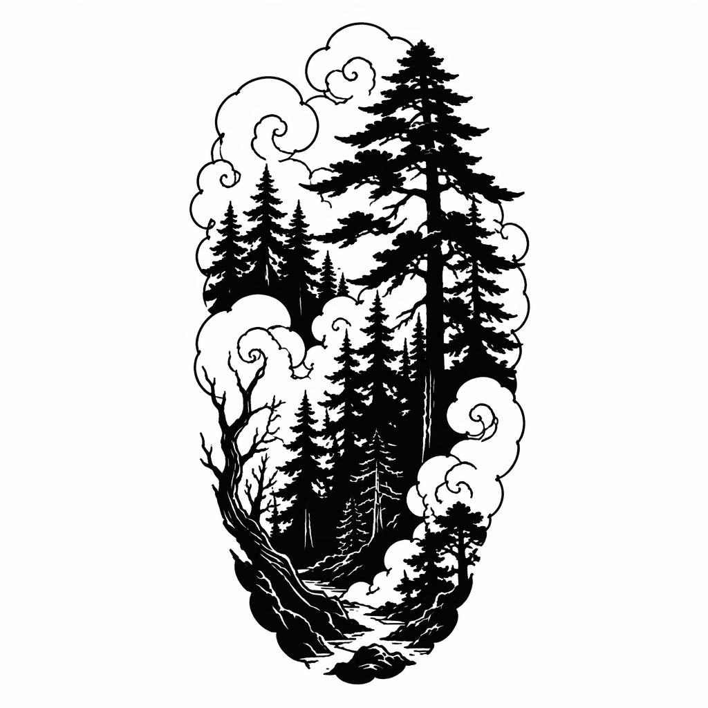 Tattoo-Design auf weißem Papier: schwarze Waldsilhouette im japanischen Irezumi-Stil, klare Linien, hoher Kontrast.