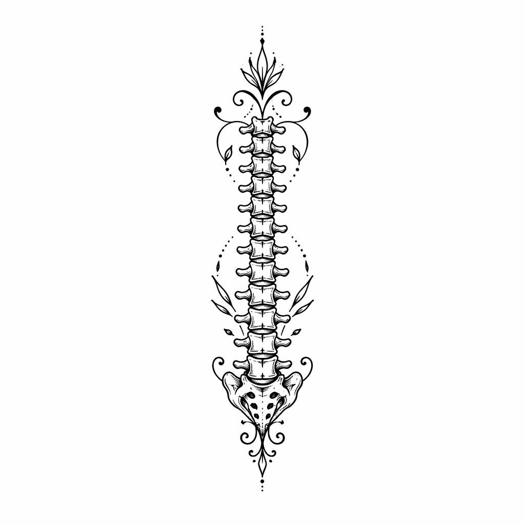 Croquis pour tatouage blackwork ornemental de colonne vertébrale sur papier blanc, en linework net et contrasté.